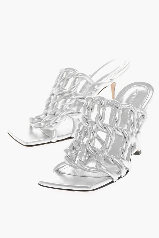 Sandalen aus gewebtem Lamé-Leder mit 10 cm hohem Spool-Absatz in Silber