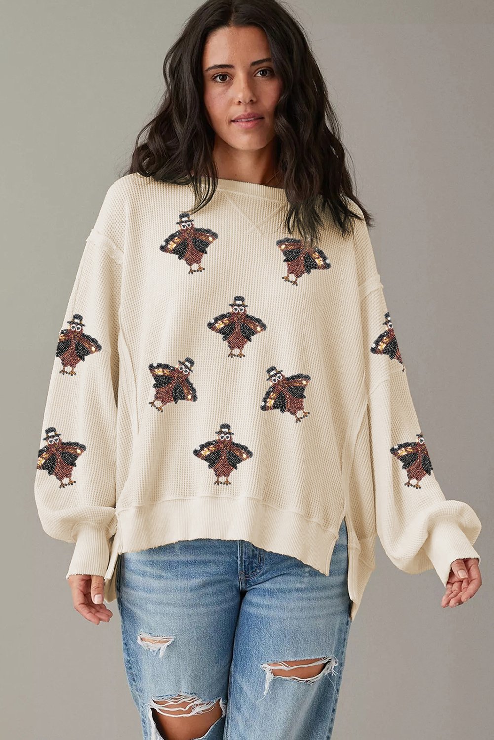 Bestickter Truthahn Waffelstrickpullover