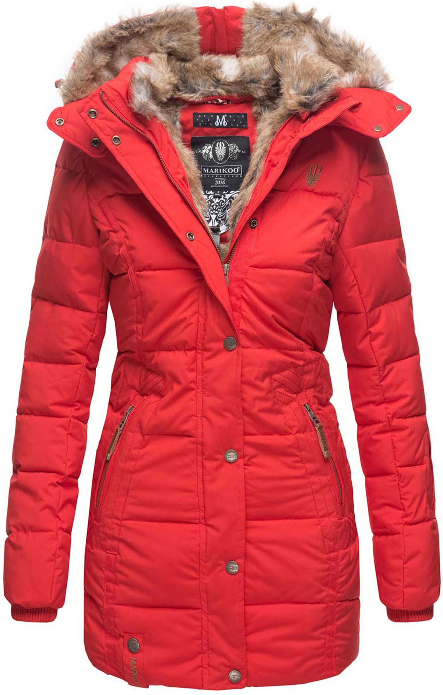 Marikoo Damen Winterjacke mit Kapuze & Kunstfell-Innenfutter