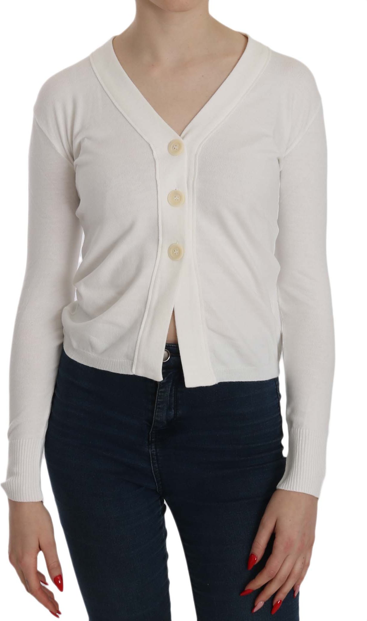 BYBLOS Women's White V-neck Long Sleeve Cropped Cardigan Tops Sweater