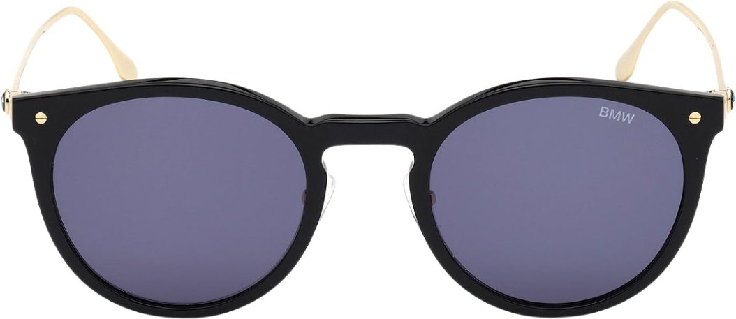 BMW Sonnenbrille mit glänzendem schwarzen Rahmen und blauen Gläsern