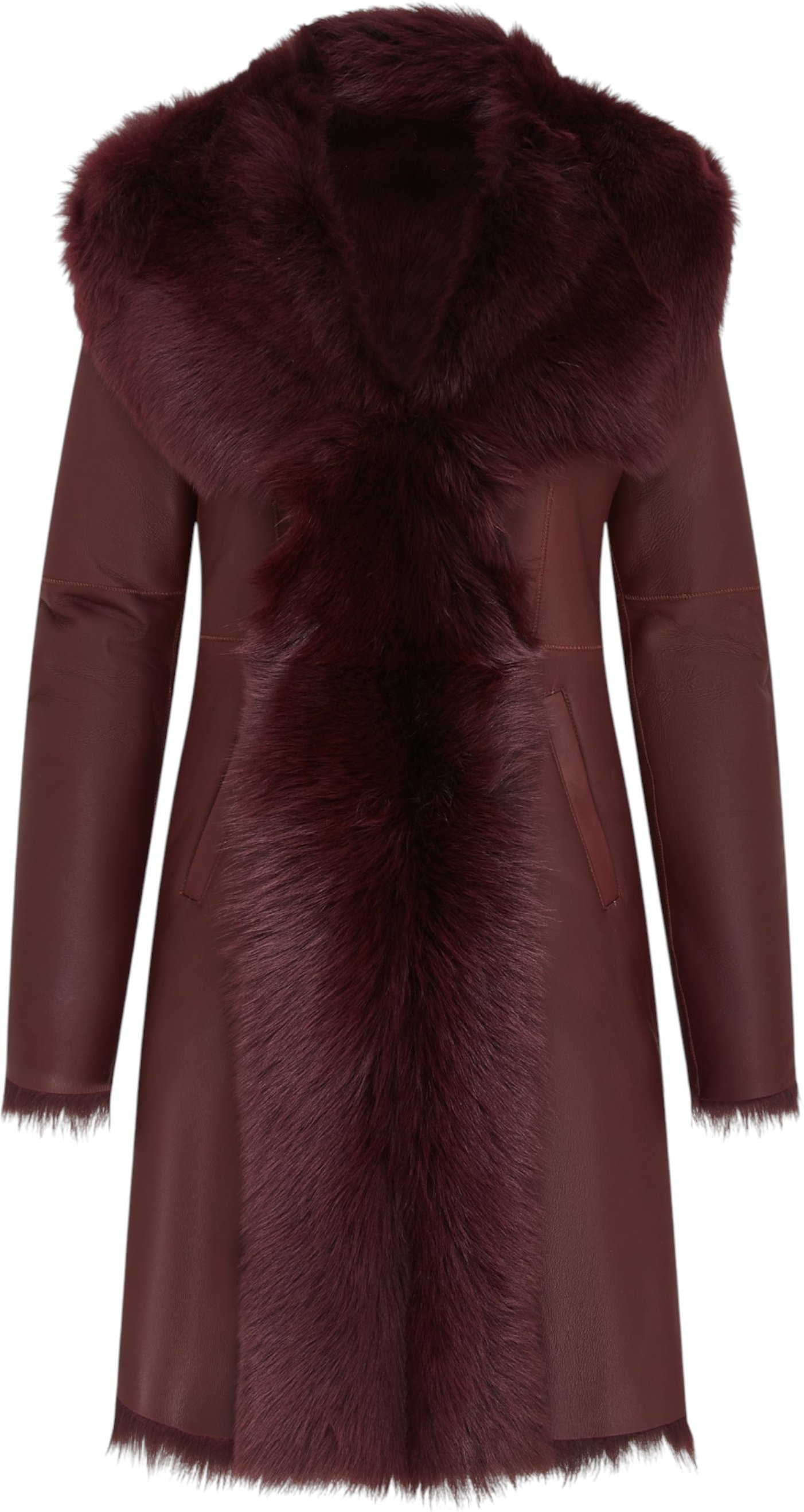 Burgunderroter Trenchcoat aus Schaffellleder mit Kapuze für Damen in Toscana-Optik - Coast