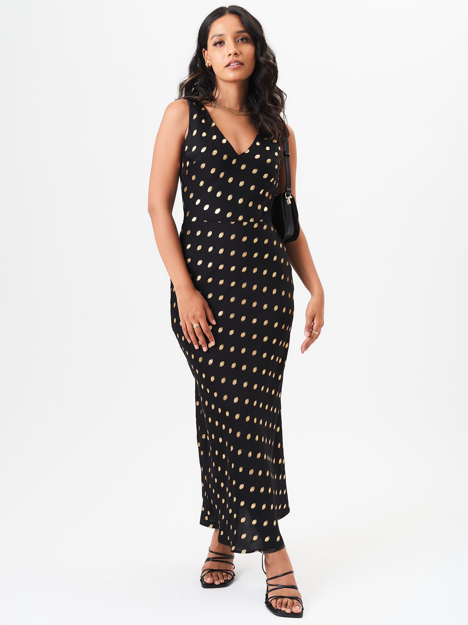 Schwarzes Midikleid mit V-Ausschnitt aus Bias-Folie und Satin-Slip