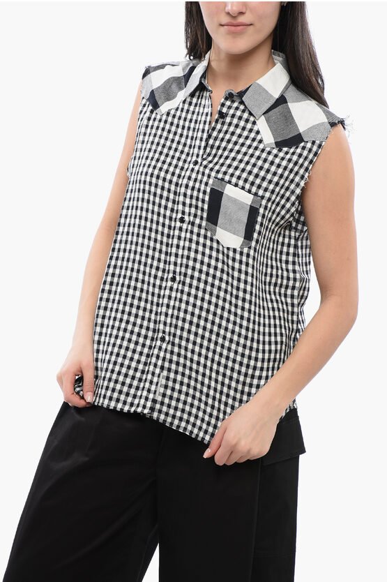 Ärmelloses Hemd aus Leinenmischung mit Gingham-Muster in Schwarz & Weiß