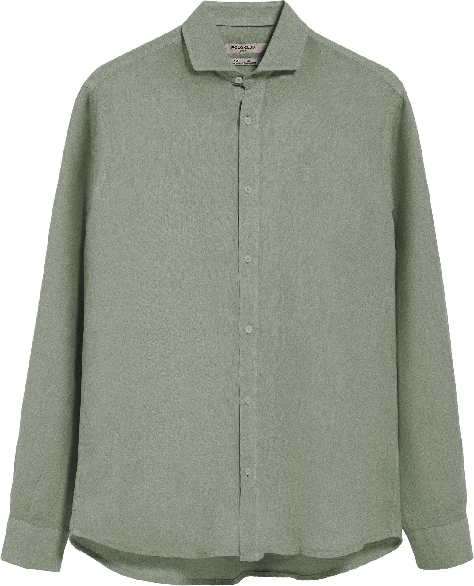 Leinenhemd Garment Dye armeegrün mit gesticktem Rigby Best-Logo