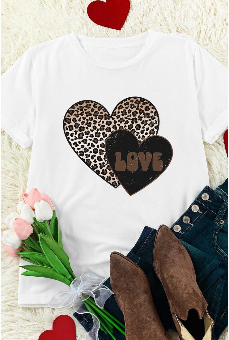 Thumbnail - Weißer Leopard LIEBE Doppelt Herz Bedrucktes Valentinstags Grafik T-Shirt