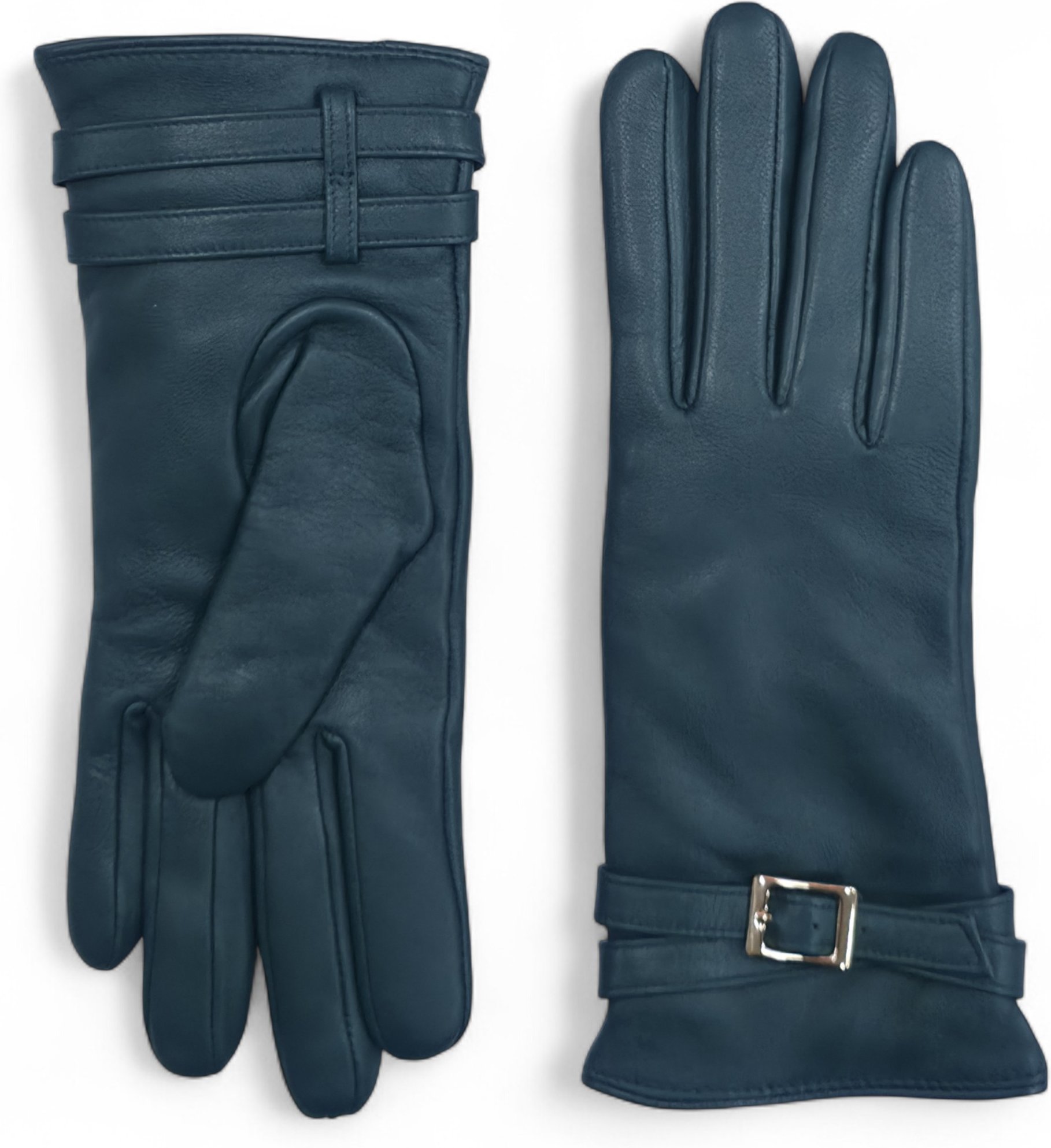 Damen-Winter-Fahrhandschuhe aus türkisgrünem italienischem Leder mit weichem Wollfutter und Schnalle