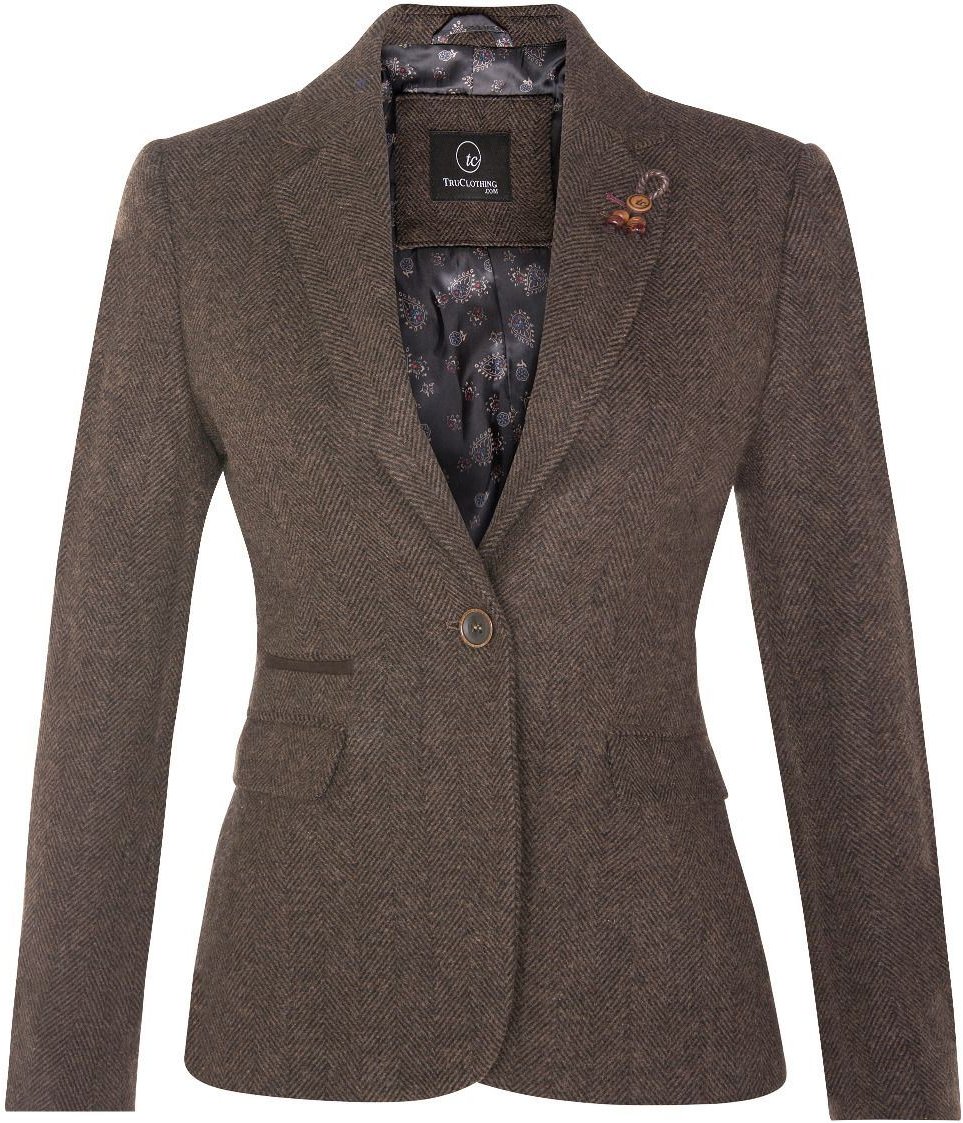 Brauner Tweed-Blazer im 1920er-Jahre-Stil mit Fischgrätenmuster für Damen