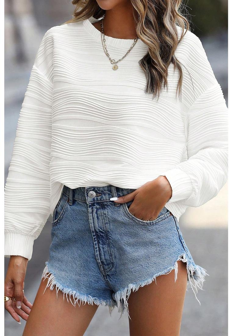 Thumbnail - Azura Exchange Weißes Welliges Textur Drop-Shoulder Langärmeliges Oberteil