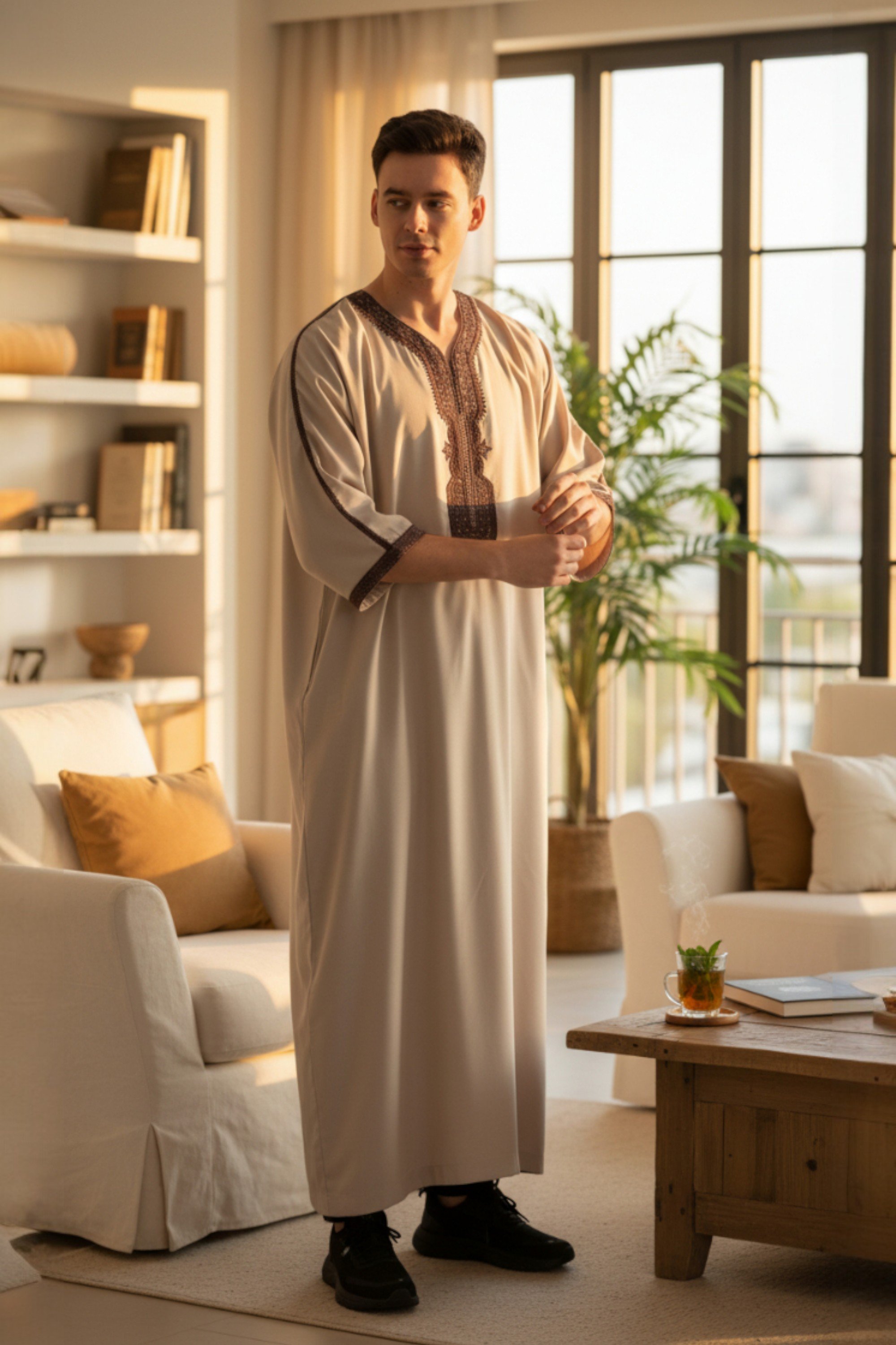 Beige marokkanische Thobe-Robe für Herren Djellaba Gandoura Eid Jubba LFS-HM66