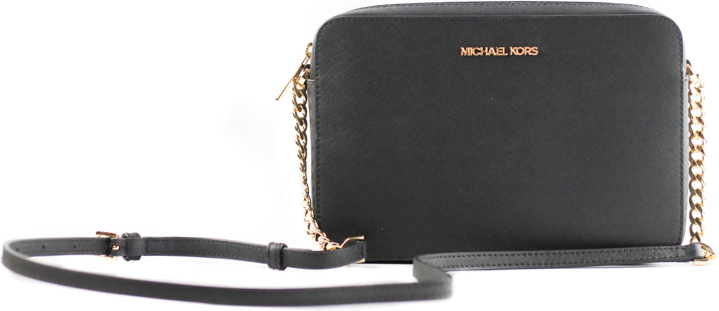 Michael Kors Femme Jet Set Large East West Saffiano Leather Crossbody Bag Handbag (Black Solid/Gold Hardware)