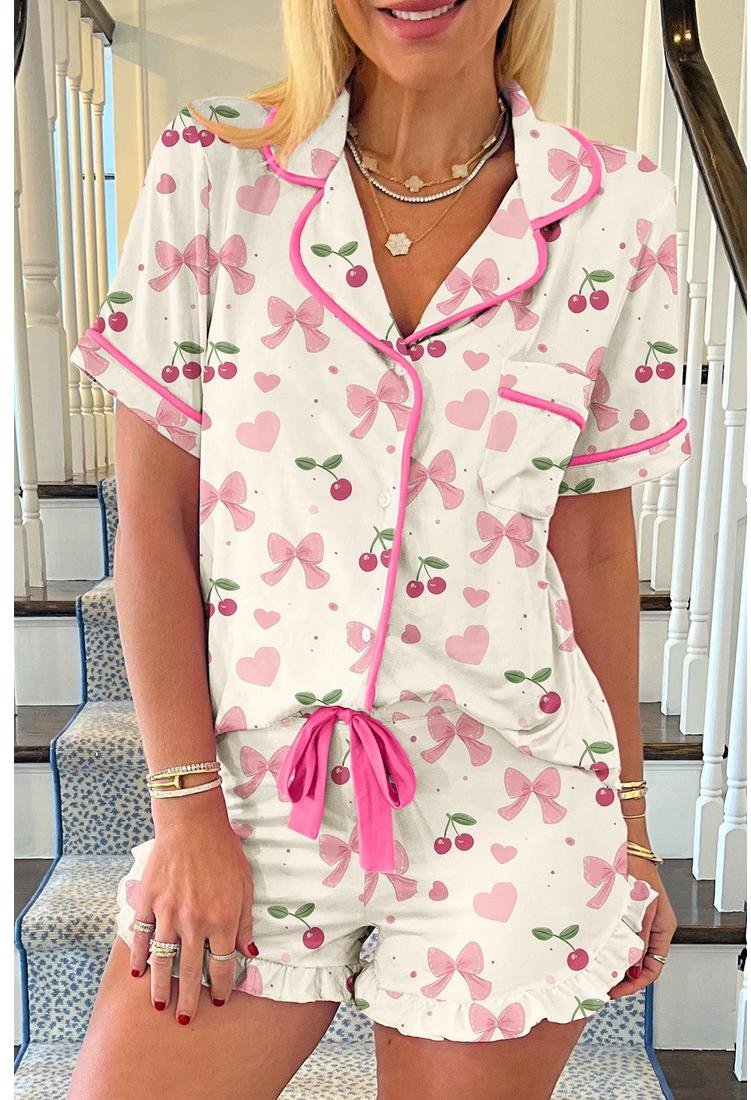Thumbnail - Damen Bedrucktes Kurzarm Hemd mit Knöpfen und Shorts Lounge Set