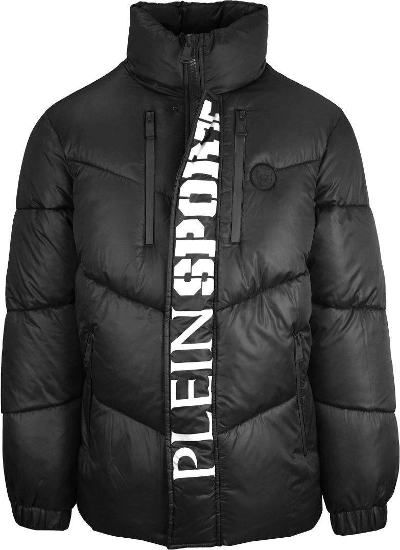 Plein Sport Bold Vertical Logo Glanzend gepolsterte schwarze Jacke