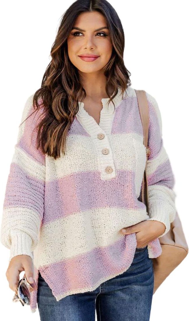 Thumbnail - Azura Exchange Pink Gestreifter Strickknopf-Rippkragenpullover