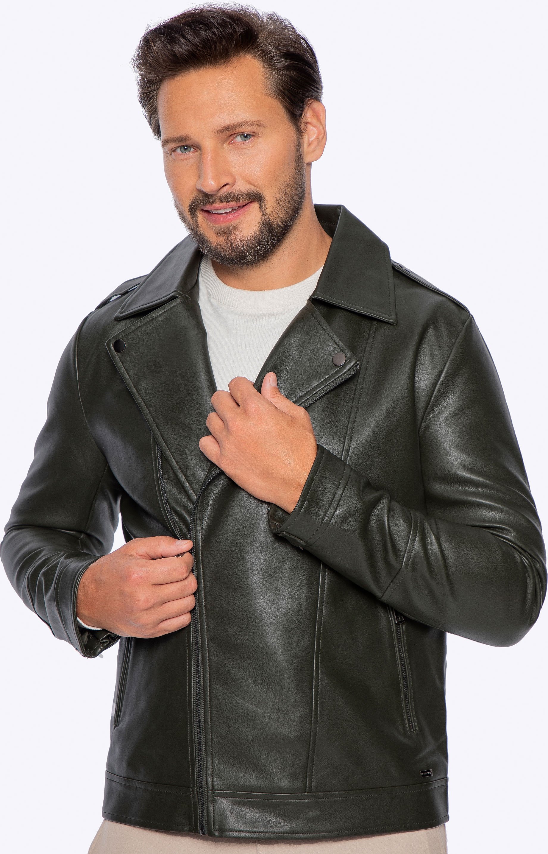 Wittchen Herren-Bikerjacke aus Öko-Leder mit Schulterklappen, grün
