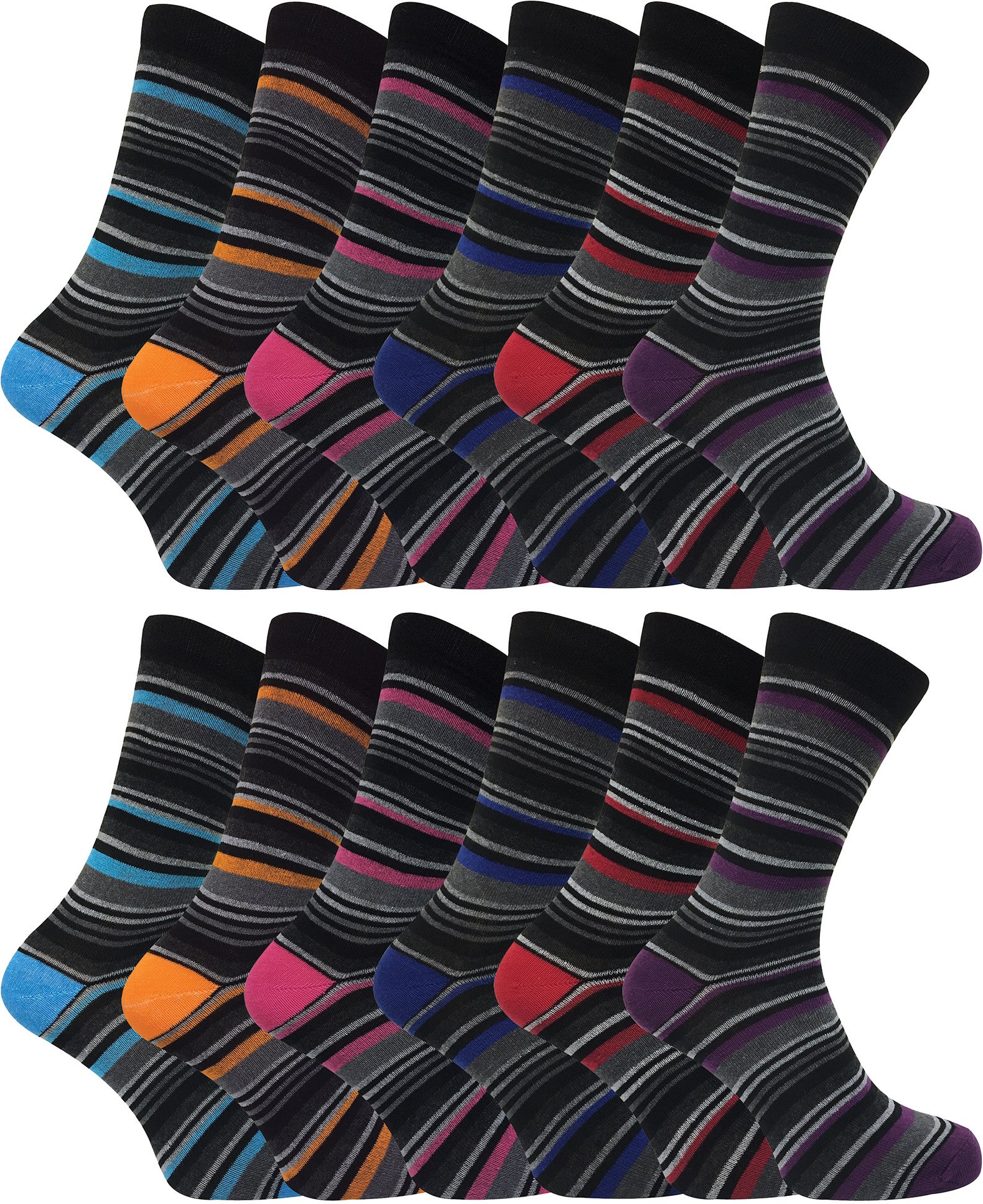Thumbnail - 12 Paar gestreifte Herrensocken aus Baumwolle | SOCK SNOB | 12 Paar Multipack | Orange lila rosa blau & rot gestreifte S...