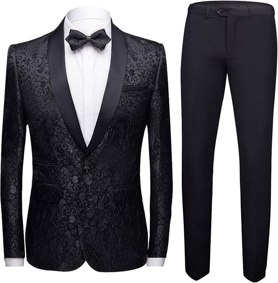 2-teiliger bedruckter Anzug Slim Fit Paisley Schwarzer Anzug