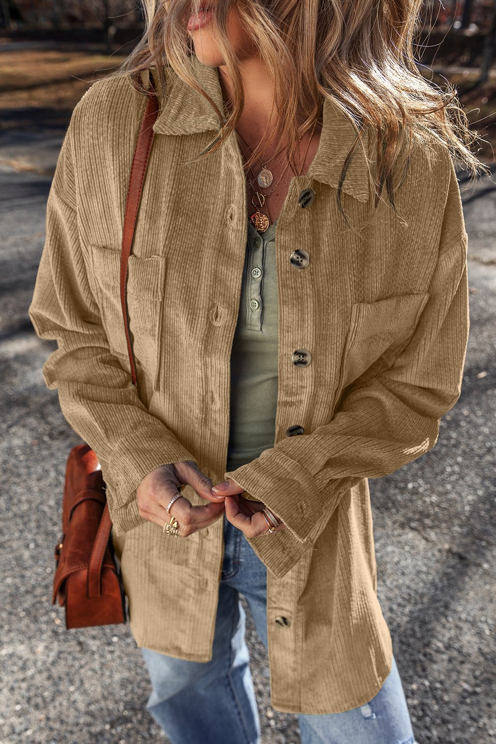 Thumbnail - Helle Französische Beige Geknöpfte Corduroy-Jacke mit Taschen