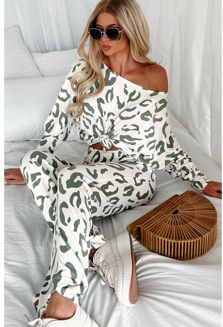 Thumbnail - Beige Leopardenmuster Langarm- und Hosen-Loungewear-Set