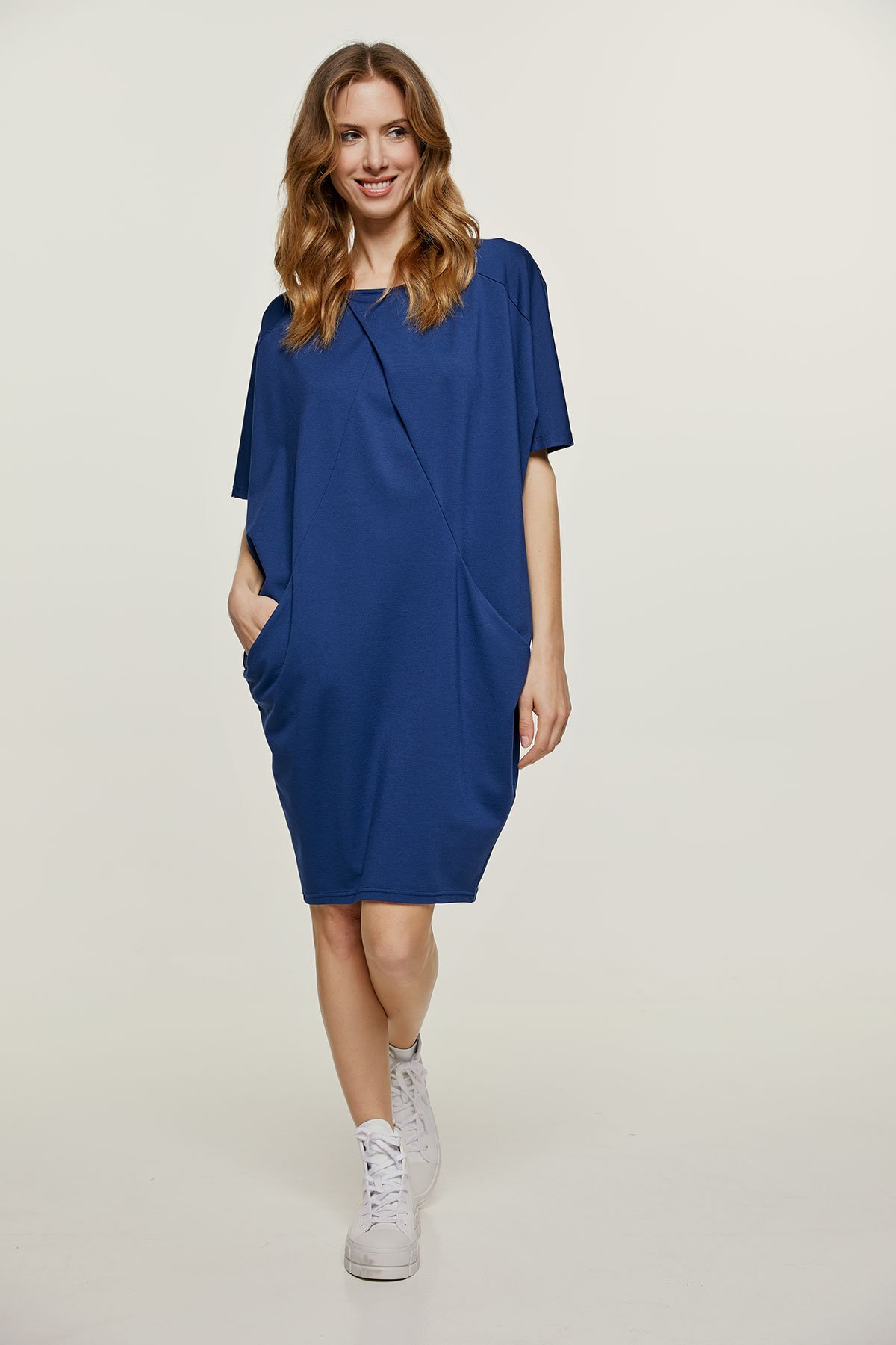 Damen Marineblaues Oversized Schweres Jersey-Kleid mit Fronttaschen