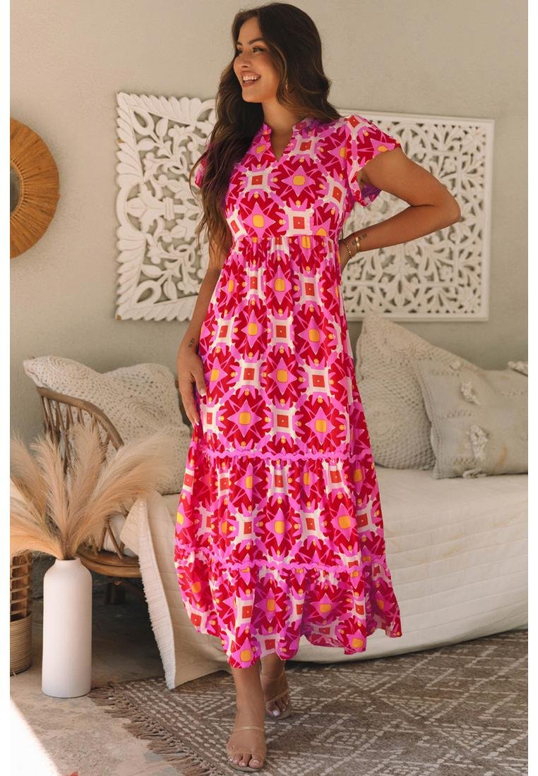 Thumbnail - Erdbeerpink Geo-Druck V-Ausschnitt Maxi-Kleid