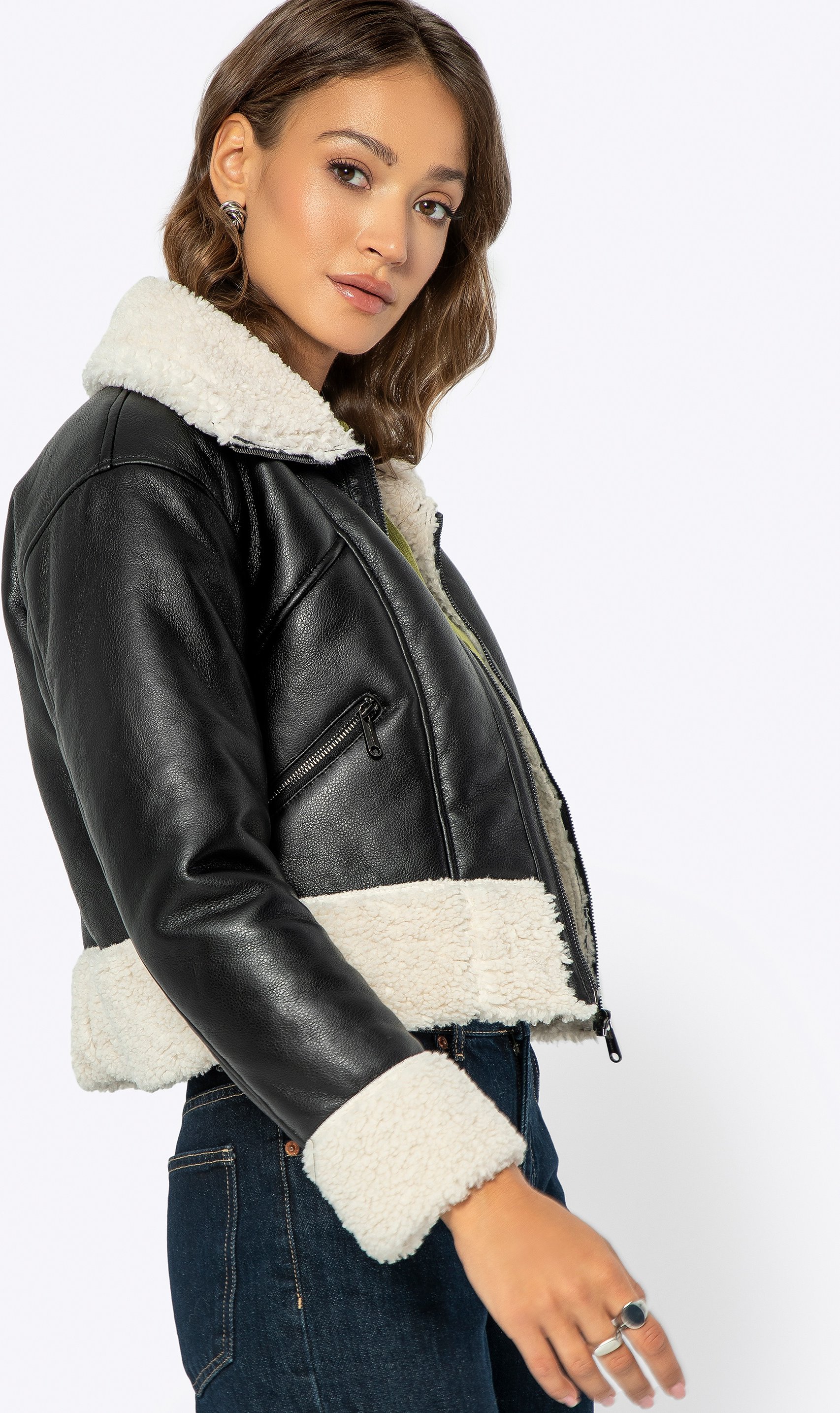 Wittchen Damen kurze schwarze Lederjacke mit Pelz