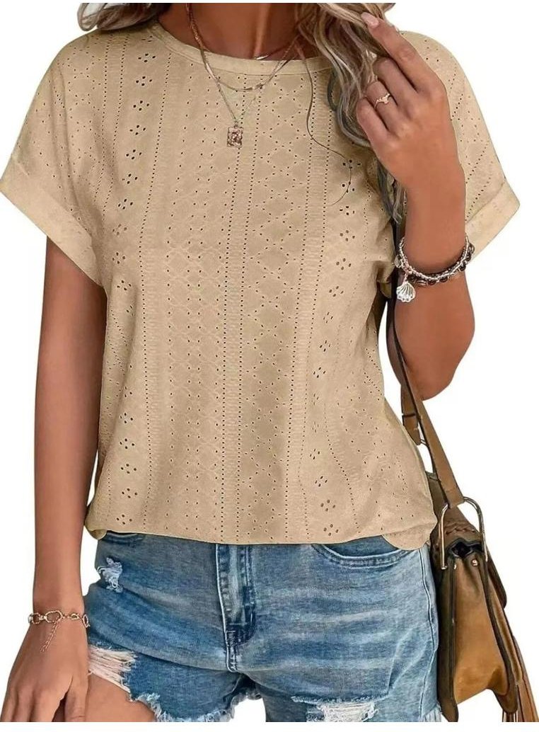 Damen T-Shirt mit Rundhalsausschnitt und kurzen Ärmeln aus Lochmuster