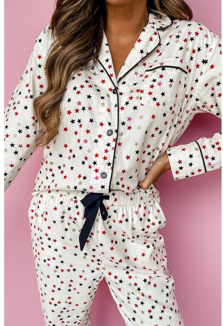 Thumbnail - Azura Exchange Weißer Kontrastpiping Stern Langarmoberteil und Hose Pyjama Set