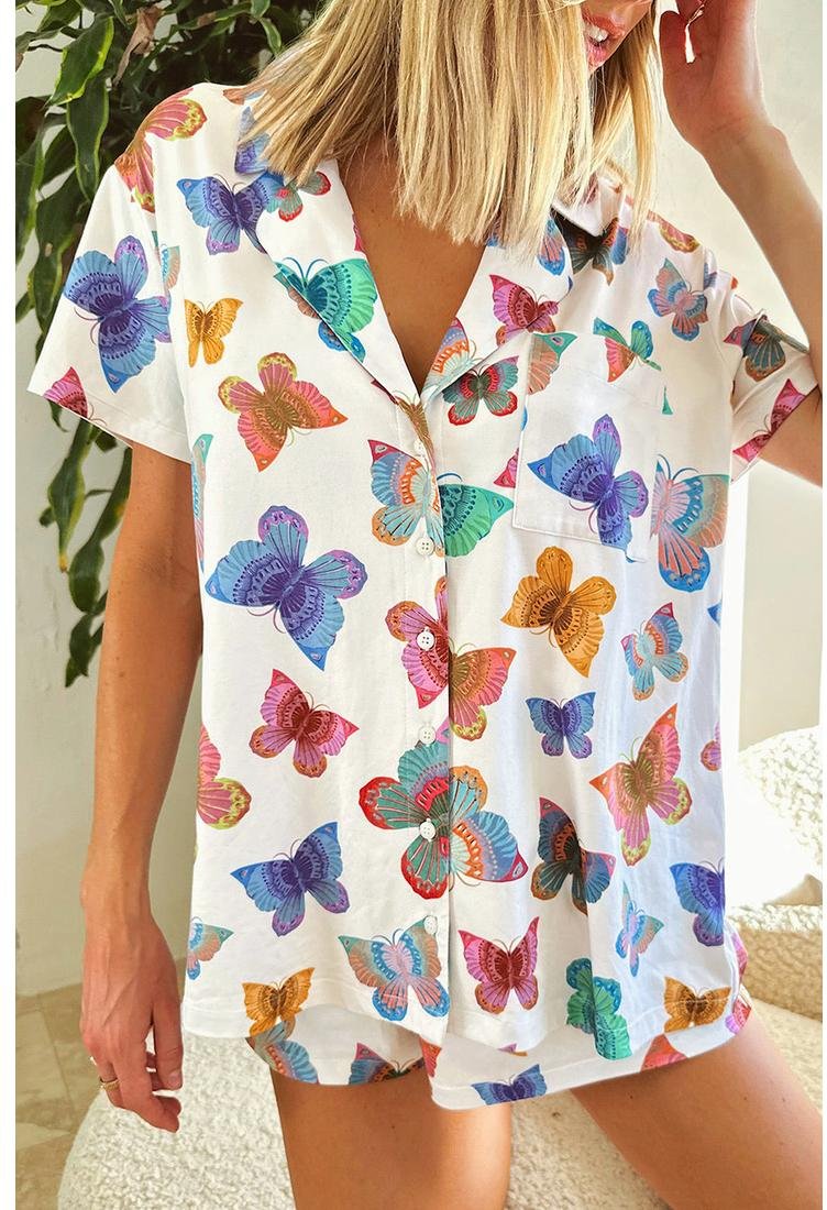 Thumbnail - Mehrfarbiger Schmetterlingsmuster Kurzarmhemd Pyjama Set