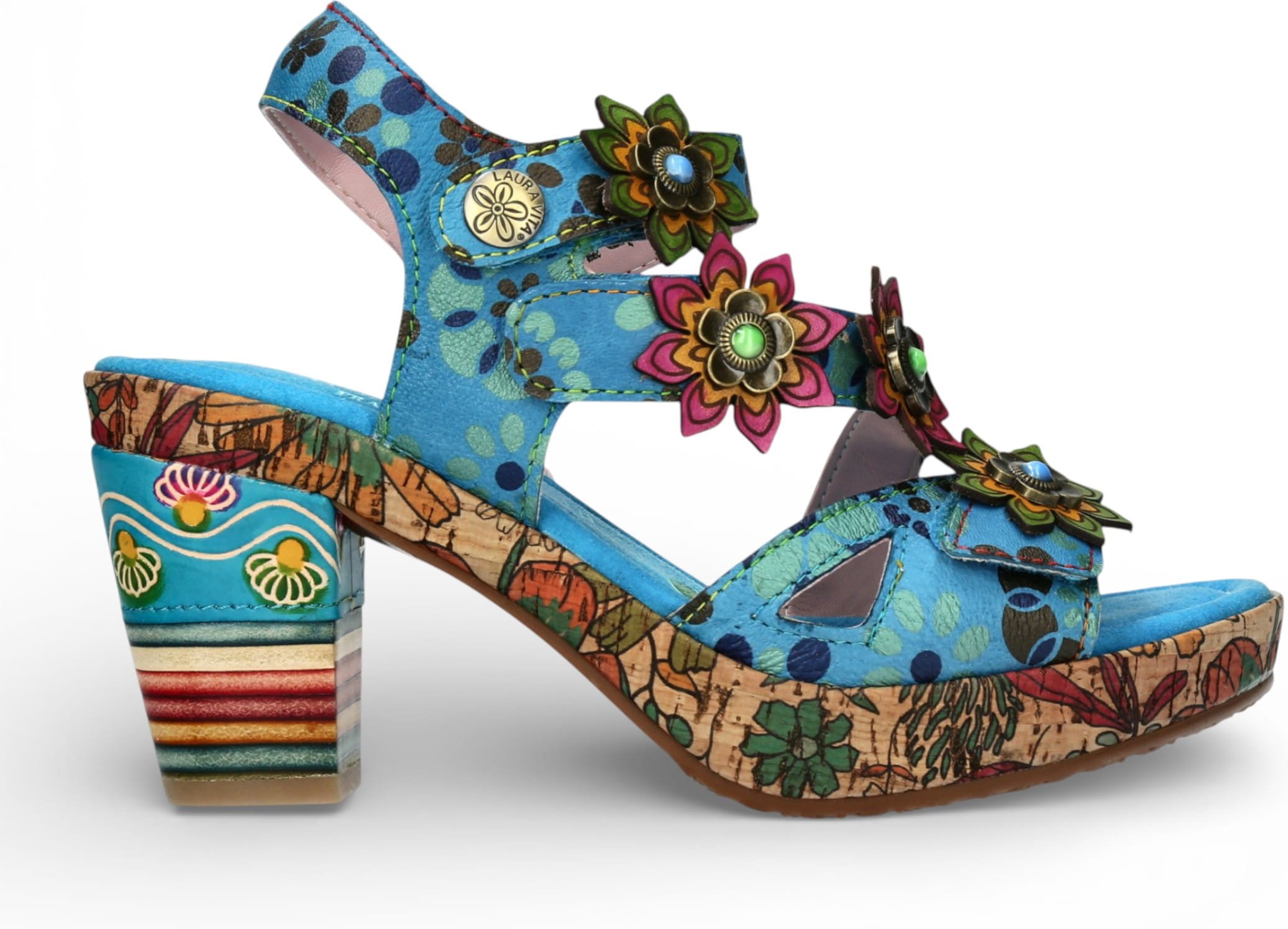 Laura Vita Damen-Espadrilles Nellao 33 aus blauem Leder mit Blumenmuster und Keilabsatz