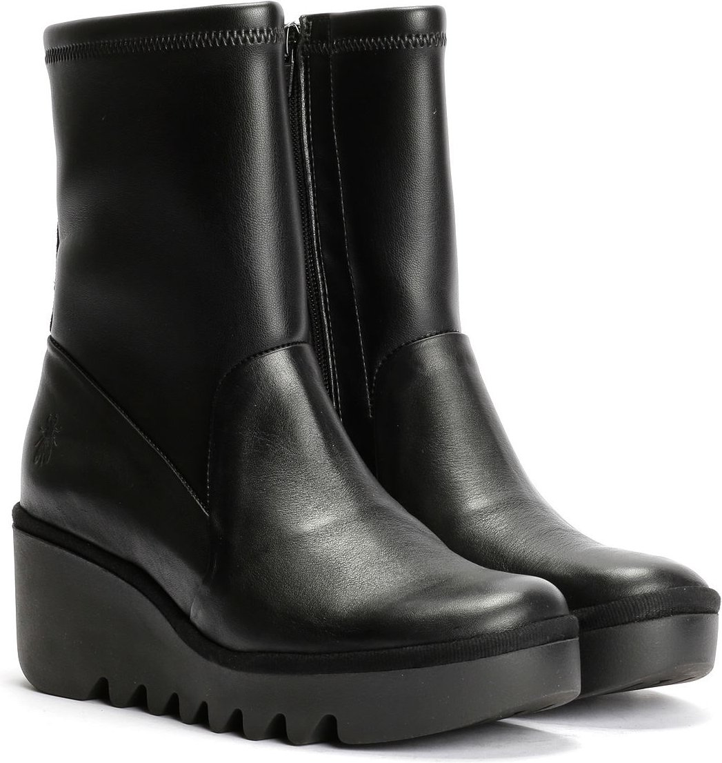 Fly London Boik Wedge Stretch Leder Damen Schwarze Stiefel