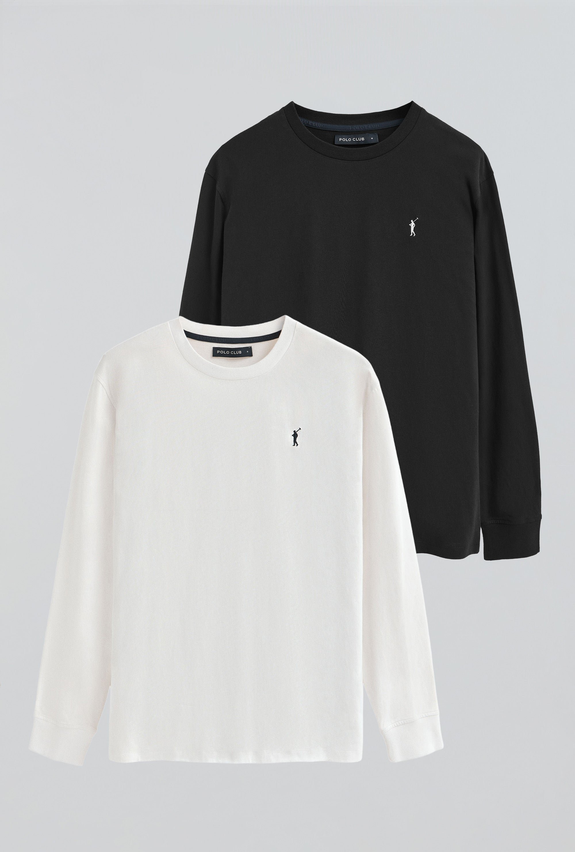 Zweierpack Herren-T-Shirts weiß und schwarz mit langen Ärmeln und gesticktem Rigby Go-Logo