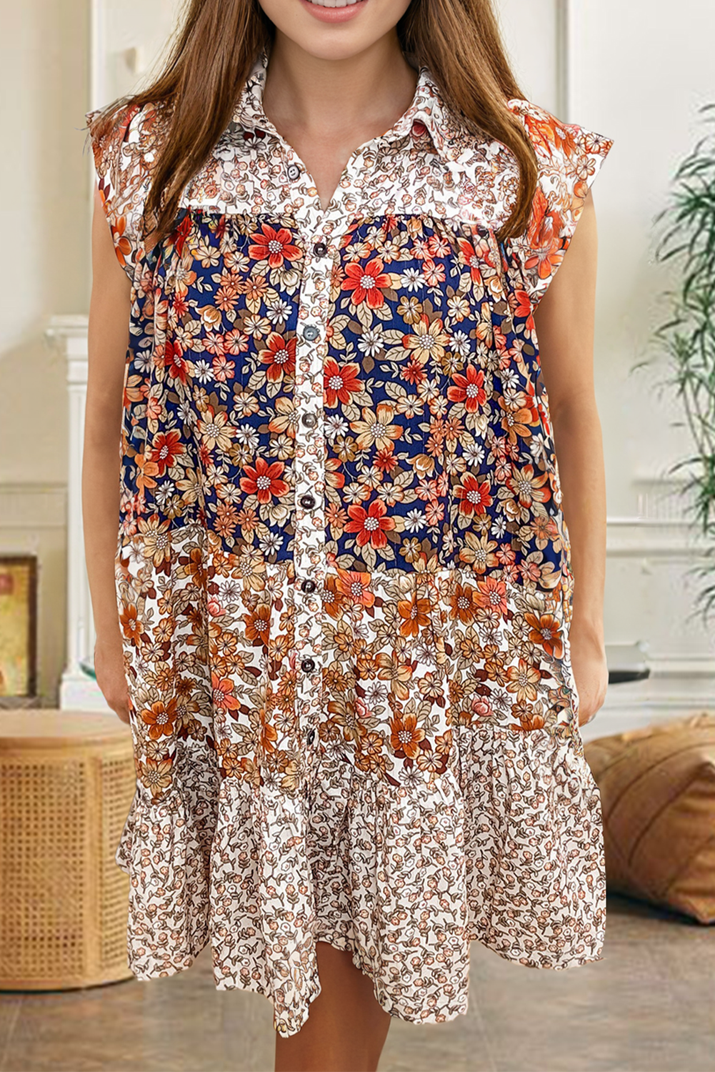 Thumbnail - Beige Plus-Size Blumendesign Patchwork Knopf-Front Kragen Mini Kleid