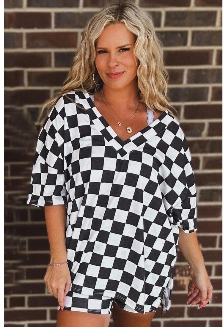 Thumbnail - Schwarzes Karomuster T-Shirt und Shorts Plus Size Zweiteiliges Set