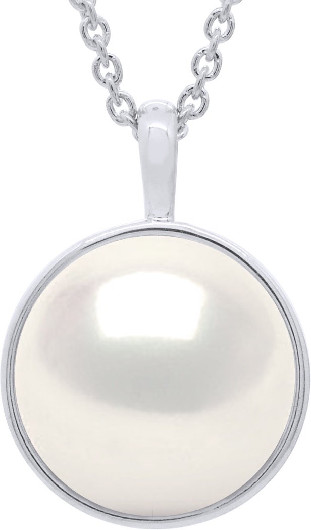 Halskette mit Perlenanhänger, Gelbgold-Umrandung, glatt – echte Süßwasser-Zuchtperle, Knopf 10–11 mm