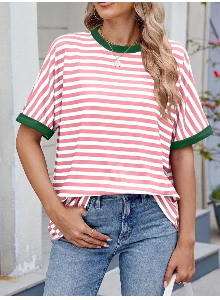 Thumbnail - Damen gestreiftes T-Shirt mit rundem Halsausschnitt und halben Ärmeln