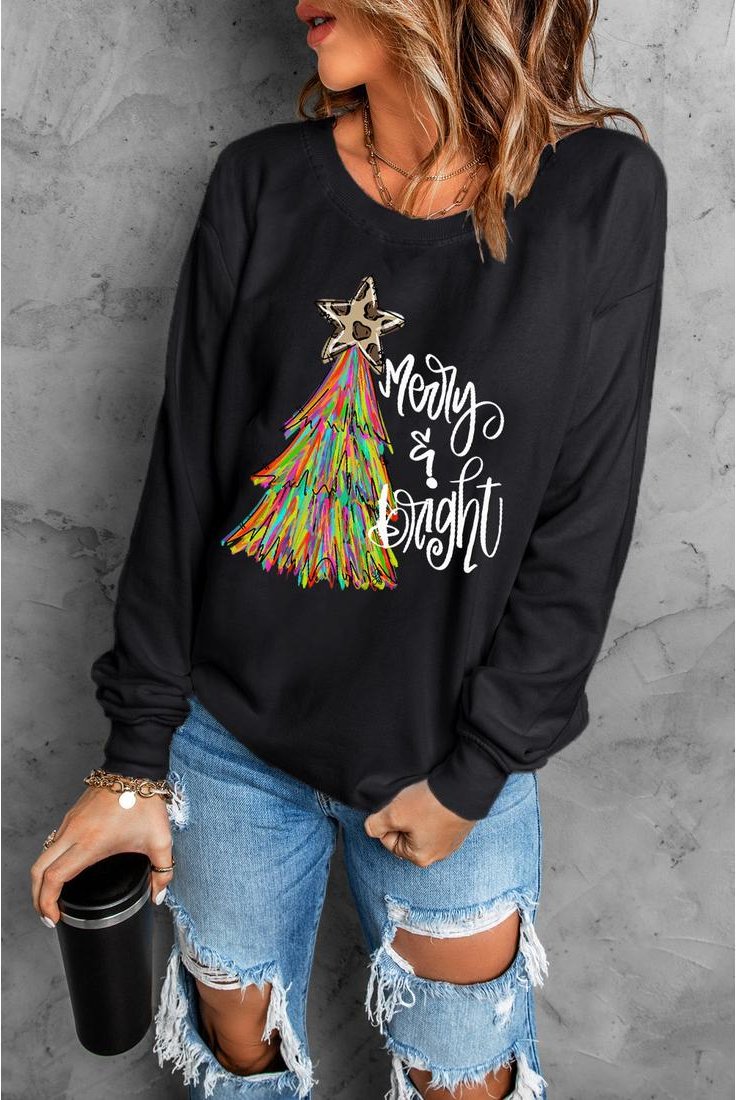 Thumbnail - Azura Exchange – Schwarzes Sweatshirt mit „Merry & Bright“-Weihnachtsbaum-Grafik