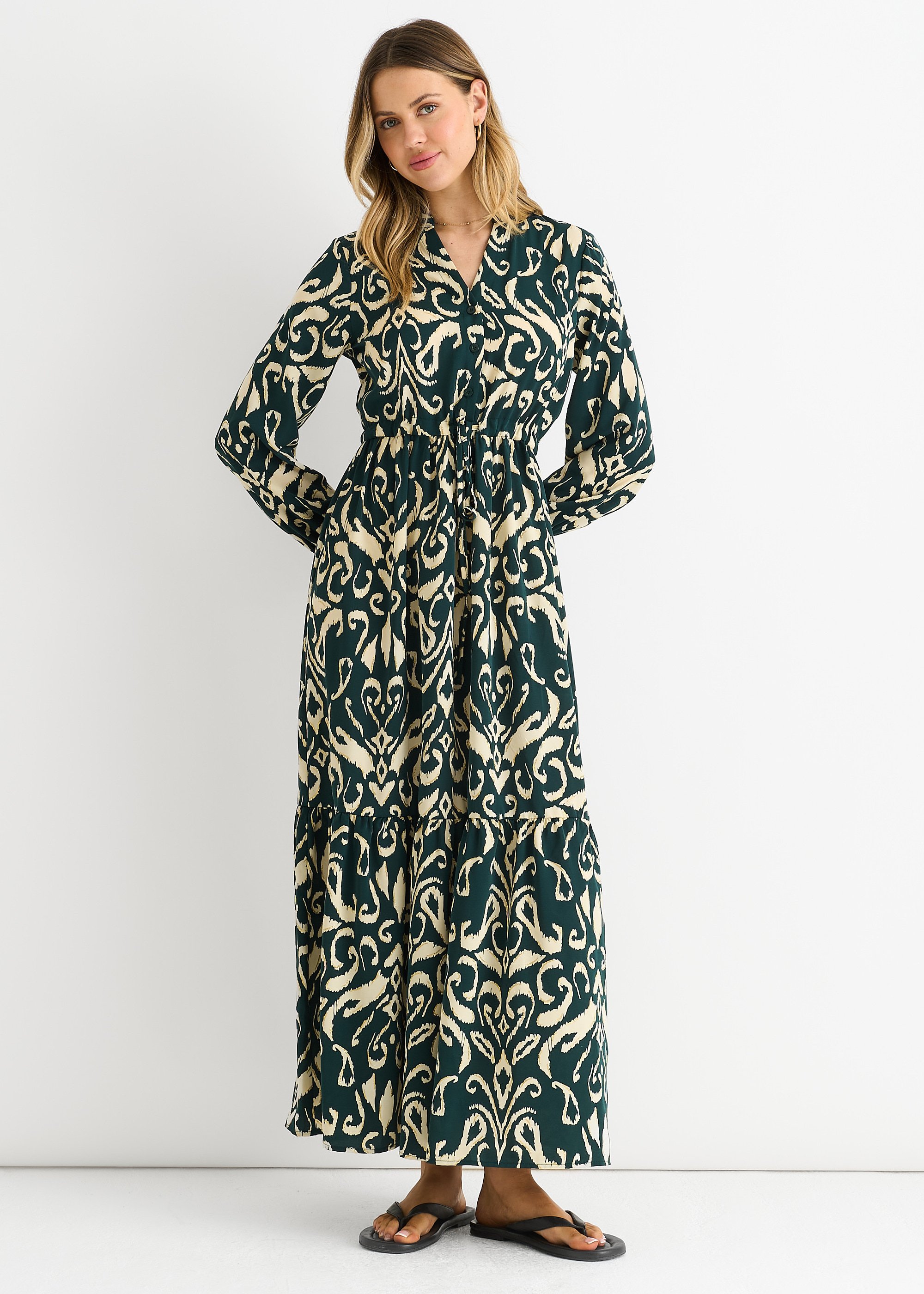 Grünes Ikat-Print Maxikleid mit gebundener Taille