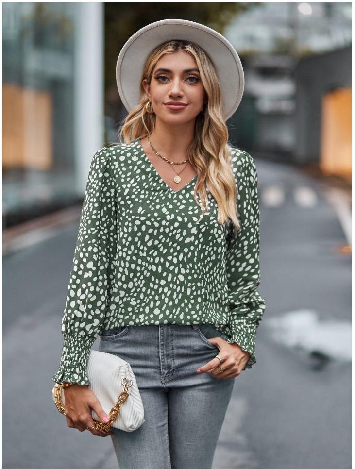 Damen bedruckte V-Ausschnitt Bluse mit Laternenärmeln