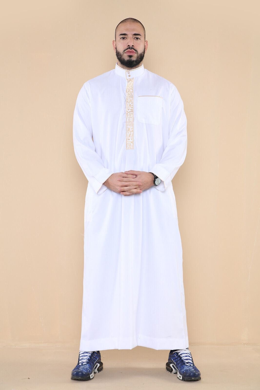 Herren Weiße Thobe Jubba Emirati Islamische Arabische Eid Stickerei Kaftan Jubbah Robe