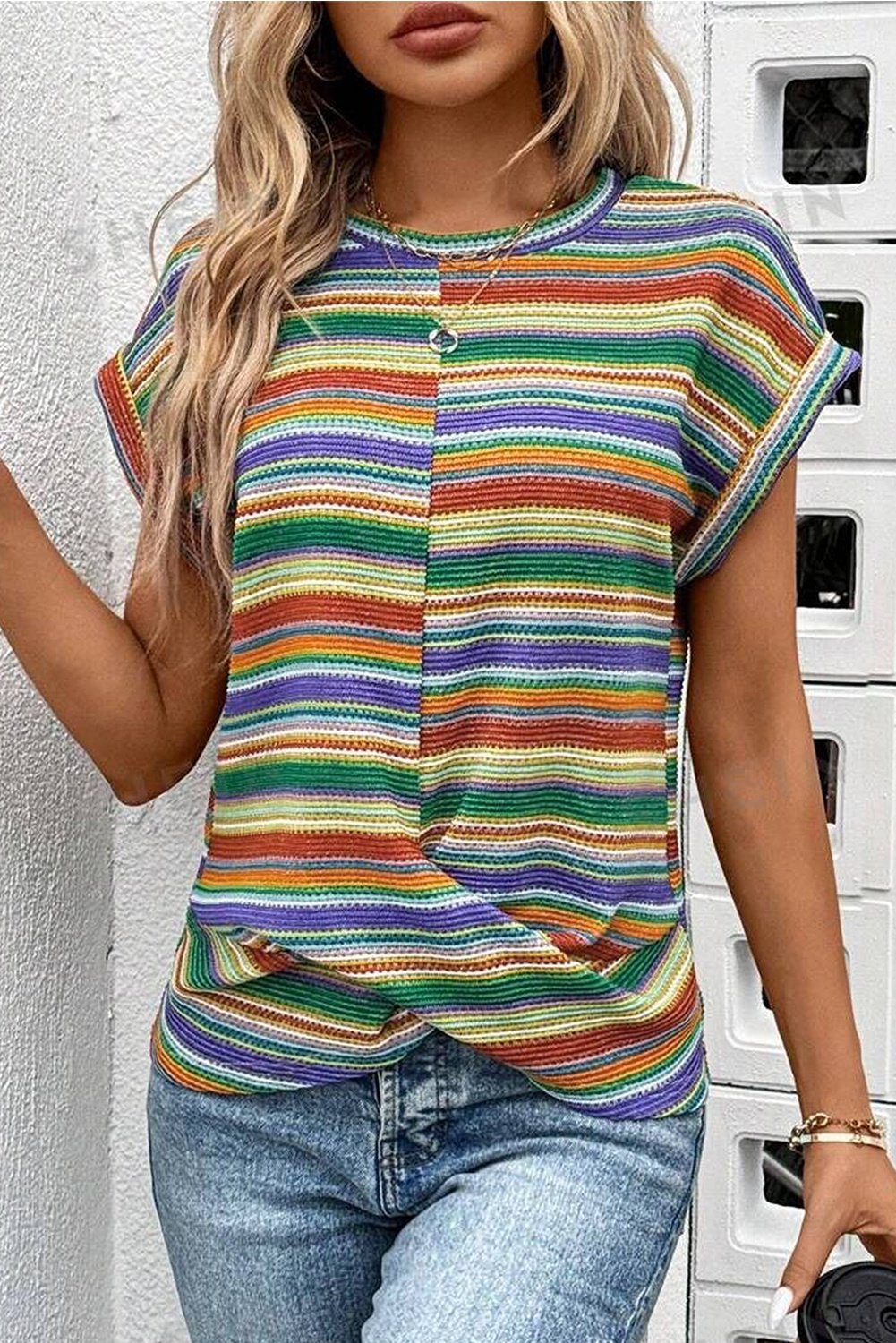 Regenbogenstreifen Knoten Kurzarmshirt