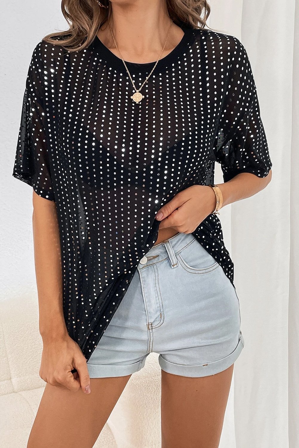 Schwarzes Pailletten-Drop-Shoulder-Transparenz-T-Shirt