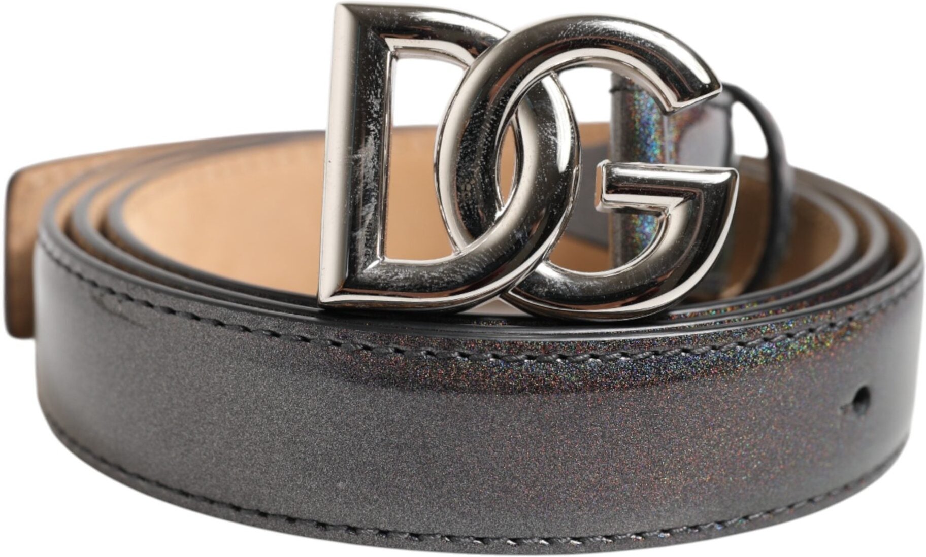 Dolce & Gabbana Metallic Leder Gürtel mit silbernem Logo-Schnalle