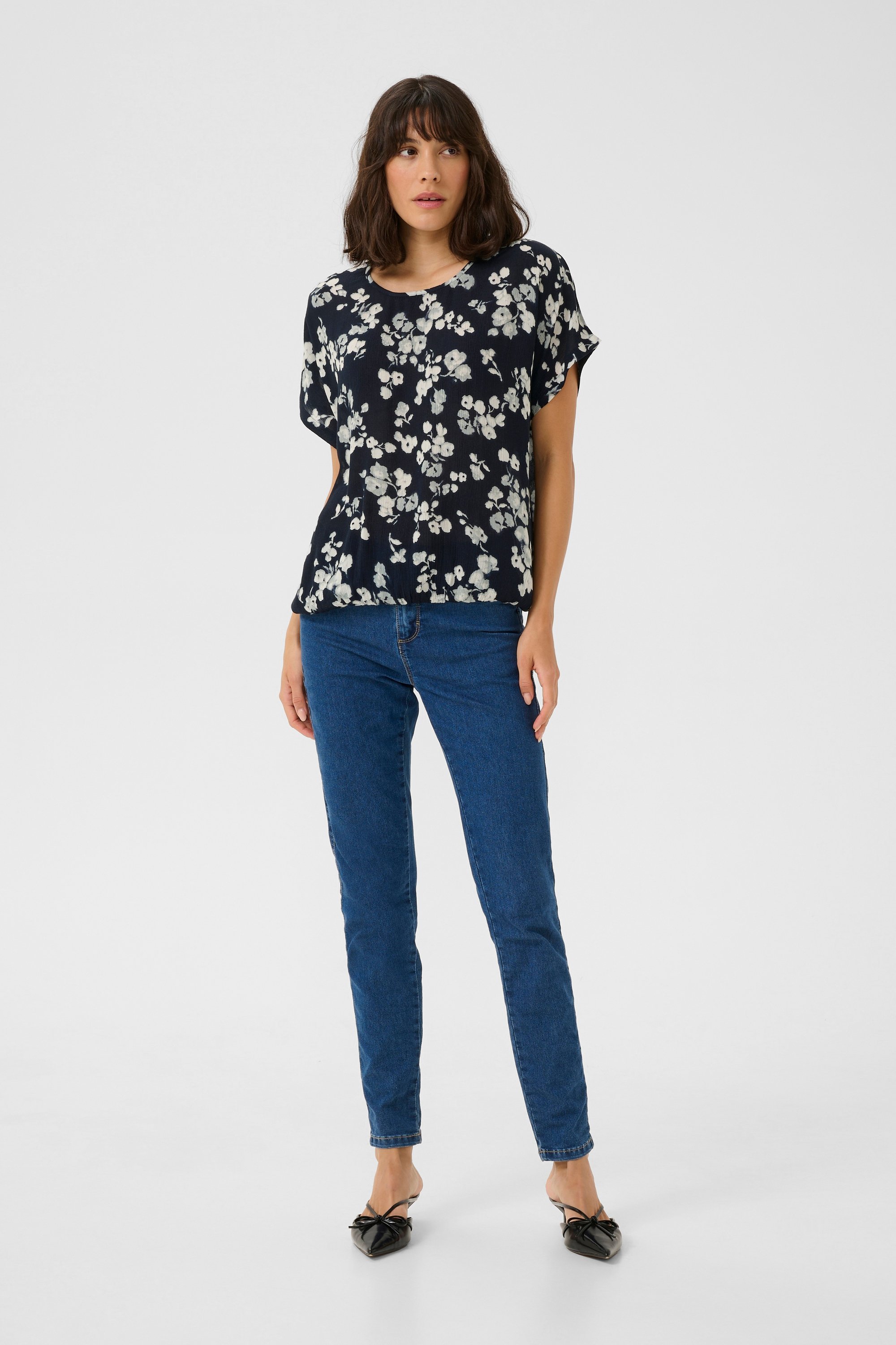 Kurzarm-Bluse Relaxed fit Marine Flower floral