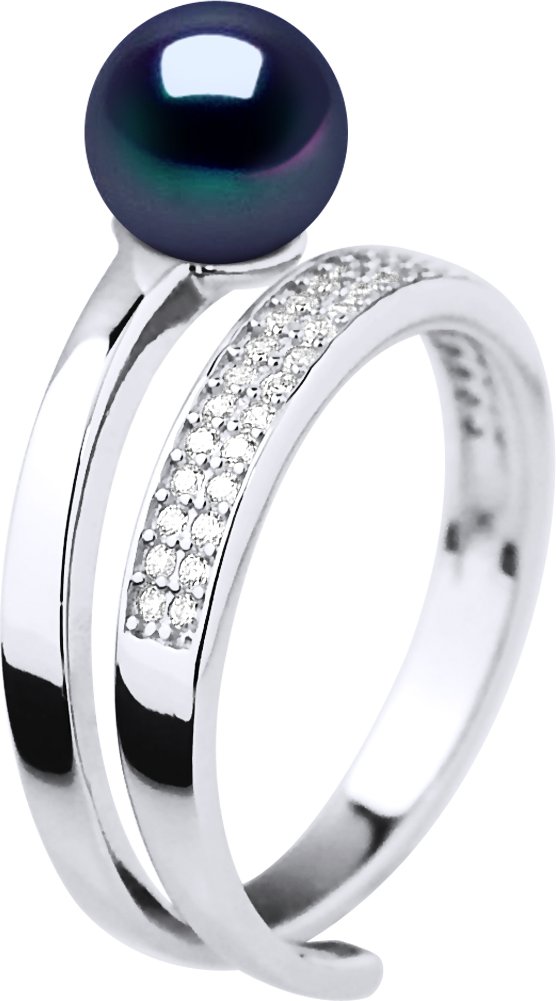 Bague Jonc Ajustable Perle d'Eau Douce Ronde 7-8 mm Noire Joaillerie Argent 925