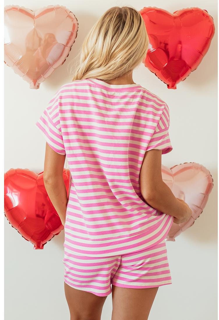 Thumbnail - Rose-Streifen Crewneck T-Shirt und Shorts mit Kordelzug Set