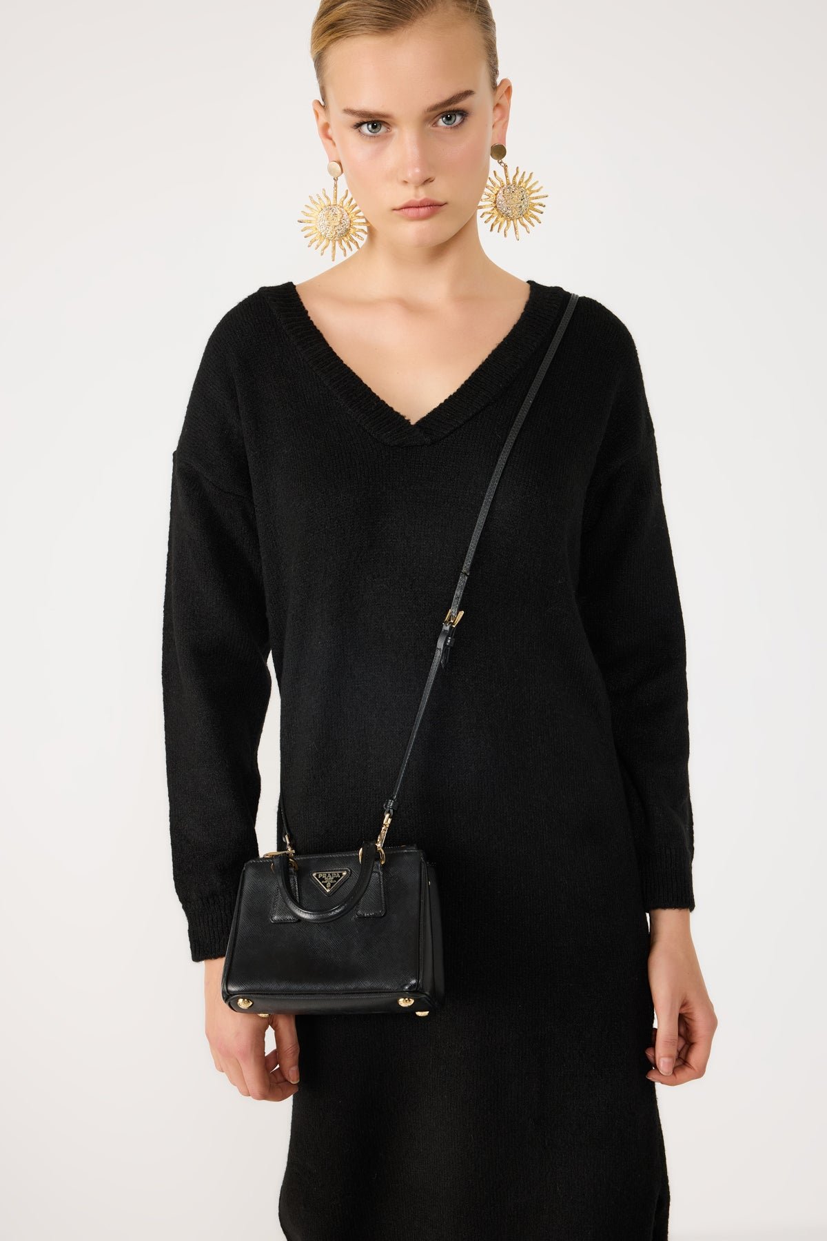 V-Ausschnitt Langarm Strick Midi Kleid