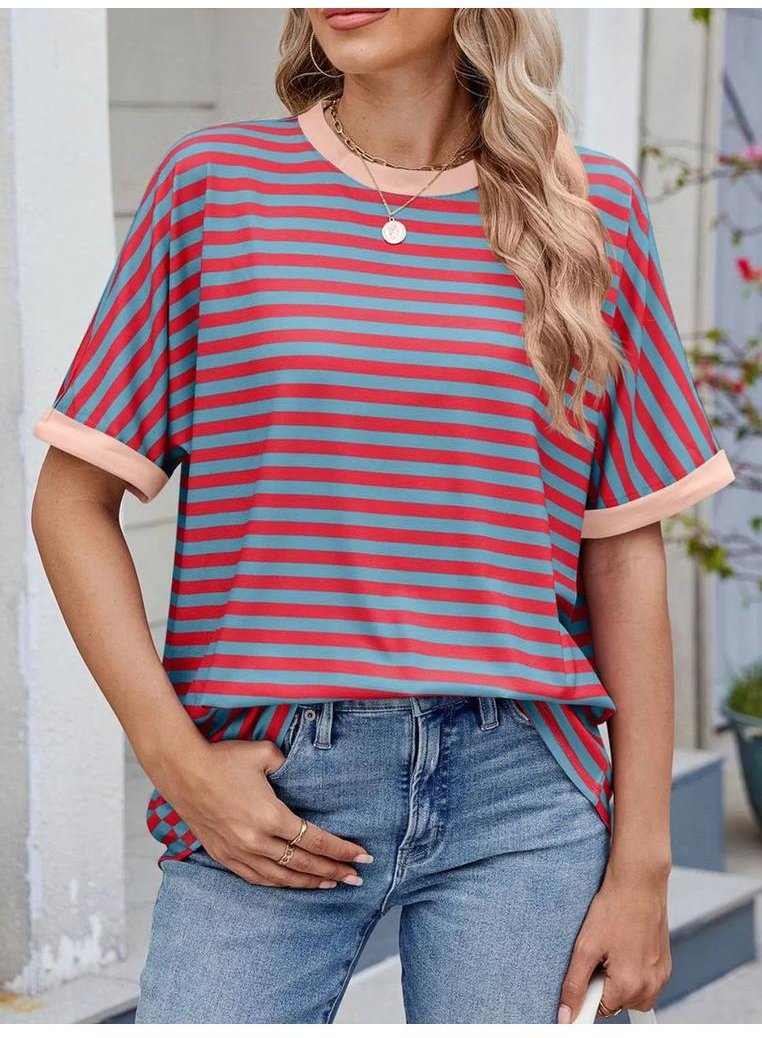Thumbnail - Damen Gestreiftes Rundhals T-Shirt mit Halben Ärmeln