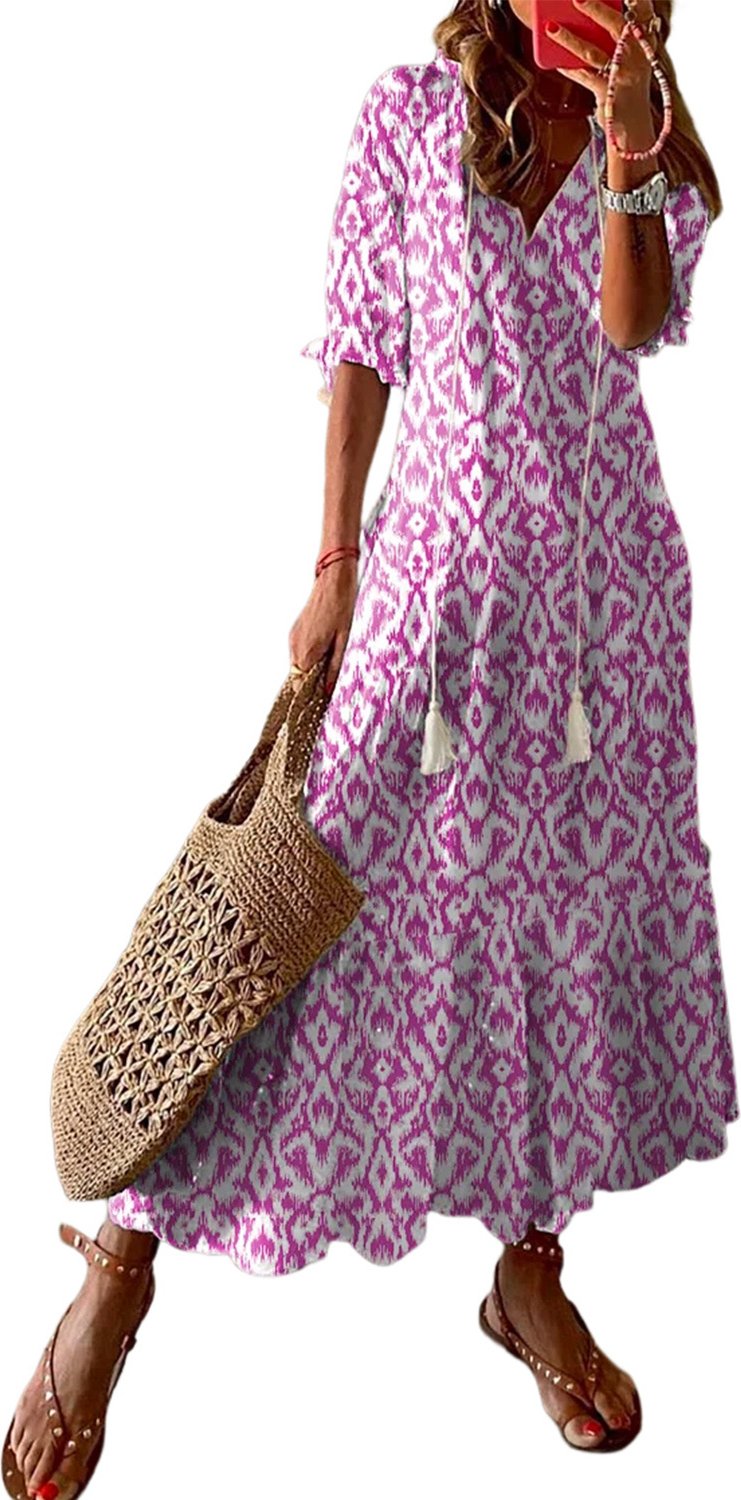 Rosa V-Ausschnitt Lässiges Geometrisches Druck-Maxikleid