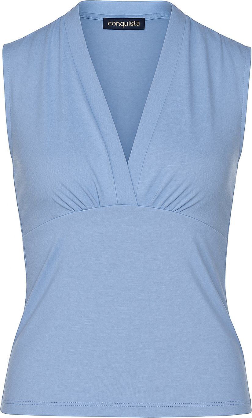 Blaues, ärmelloses, figurbetontes Oberteil mit V-Ausschnitt – weicher Viskose-Mischstoff
